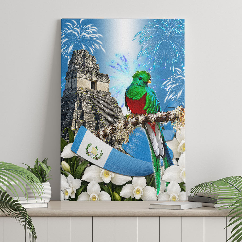Guatemala Quetzal And Mayan Ruins Canvas Wall Art Patriotic National Symbols White Orchid Flag