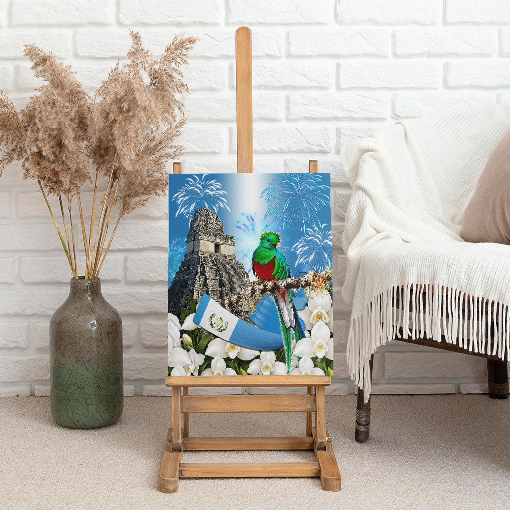 Guatemala Quetzal And Mayan Ruins Canvas Wall Art Patriotic National Symbols White Orchid Flag
