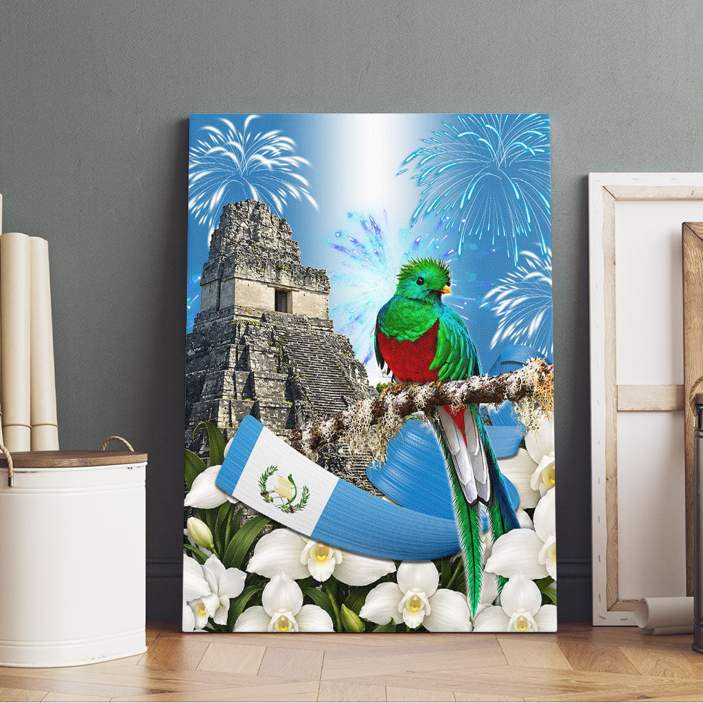 Guatemala Quetzal And Mayan Ruins Canvas Wall Art Patriotic National Symbols White Orchid Flag