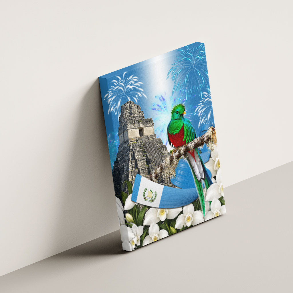 Guatemala Quetzal And Mayan Ruins Canvas Wall Art Patriotic National Symbols White Orchid Flag
