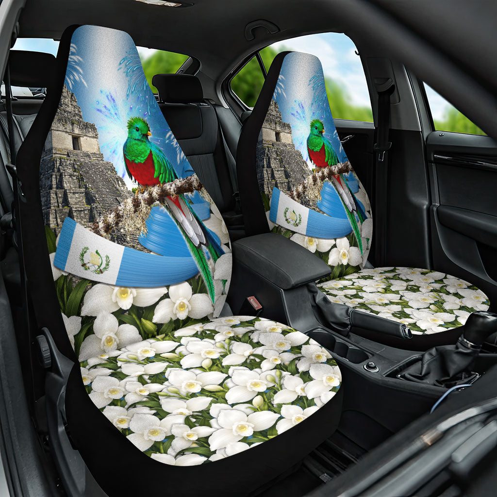 Guatemala Quetzal And Mayan Ruins Car Seat Cover Patriotic National Symbols White Orchid Flag