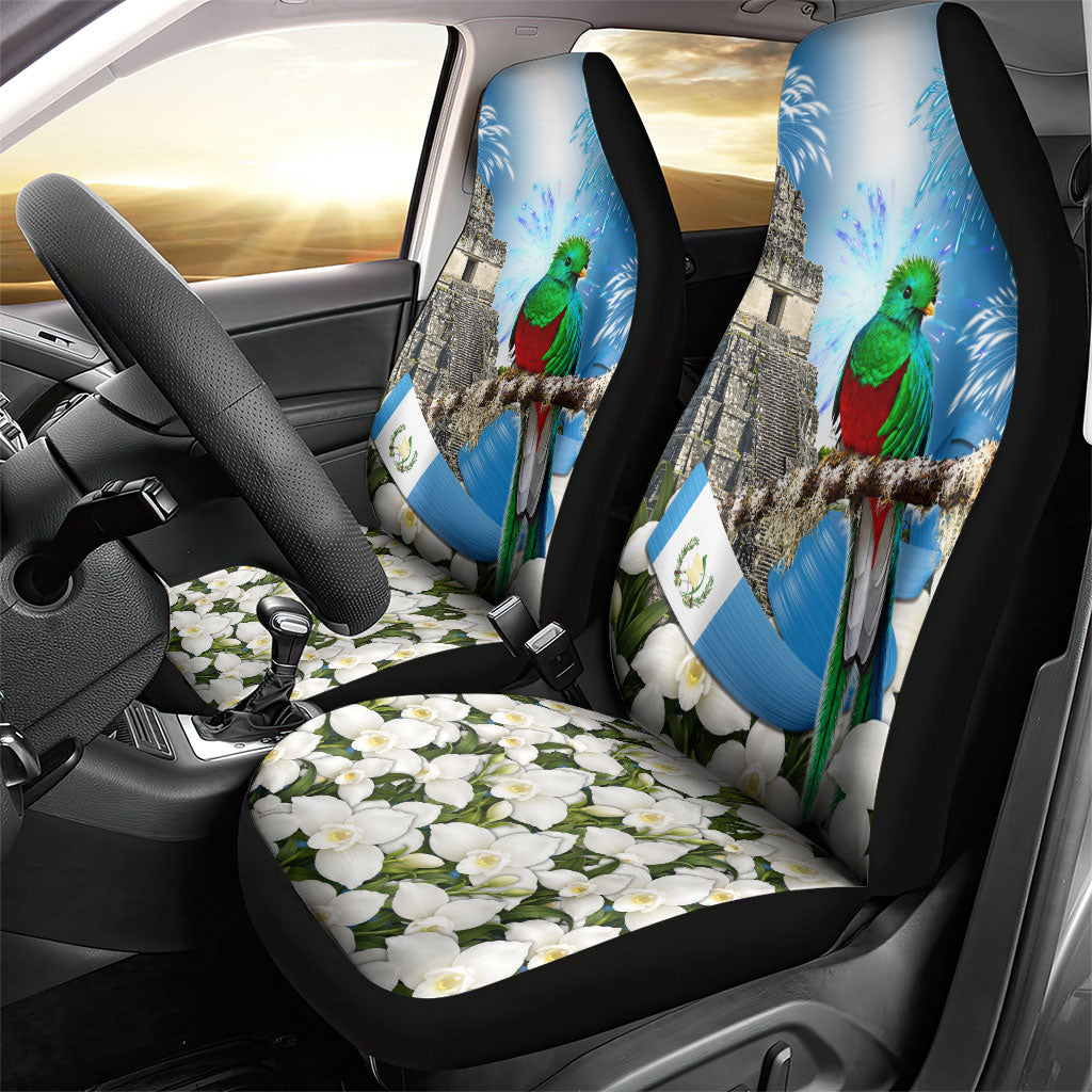 Guatemala Quetzal And Mayan Ruins Car Seat Cover Patriotic National Symbols White Orchid Flag