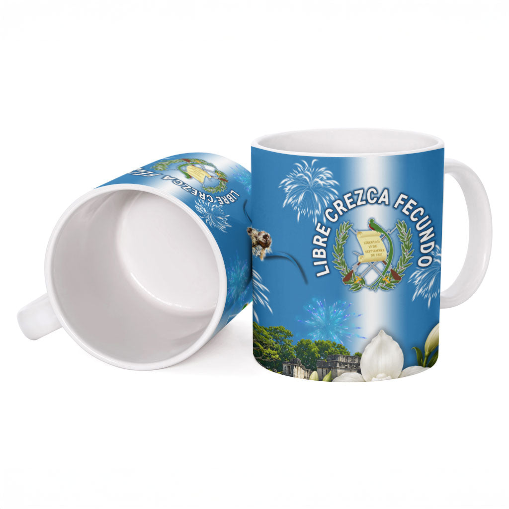 Guatemala Quetzal And Mayan Ruins Ceramic Mug Patriotic National Symbols White Orchid Flag