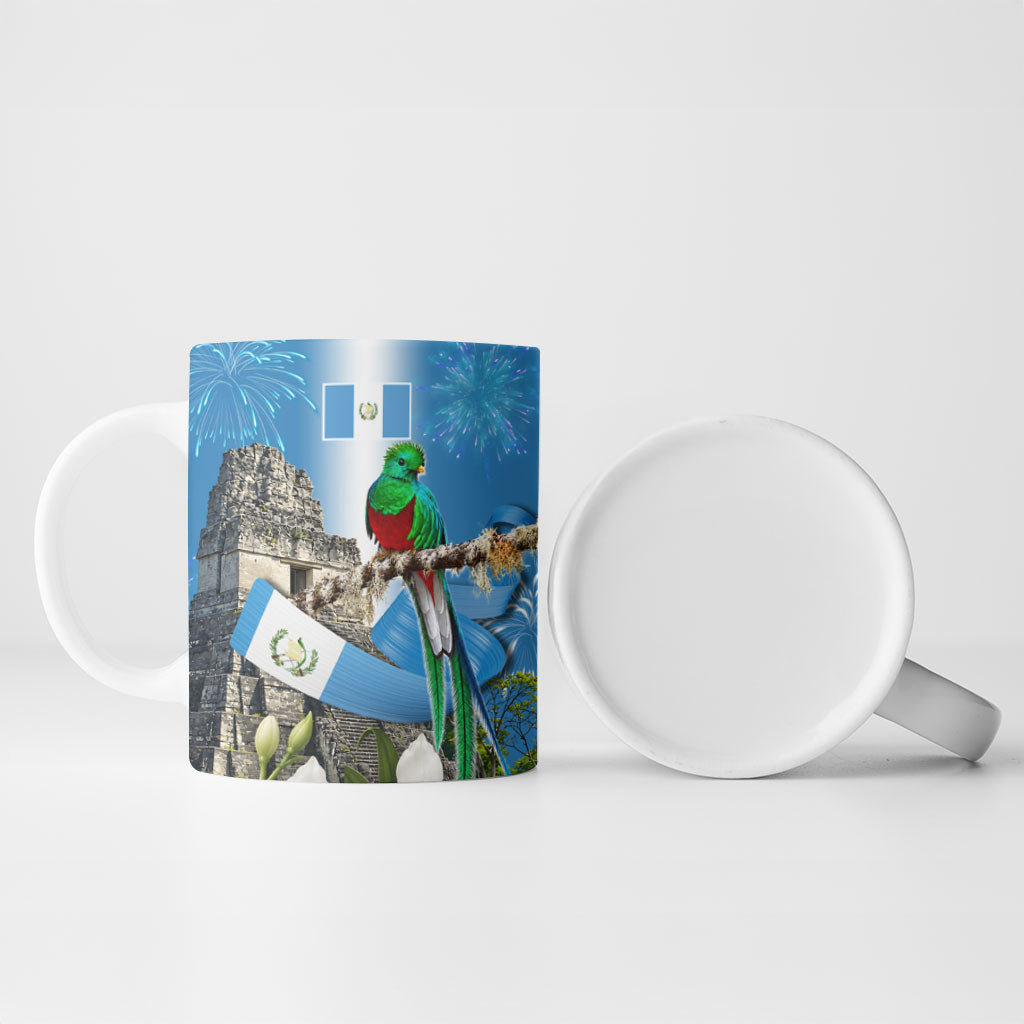 Guatemala Quetzal And Mayan Ruins Ceramic Mug Patriotic National Symbols White Orchid Flag