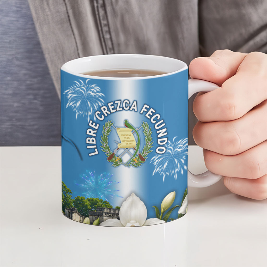 Guatemala Quetzal And Mayan Ruins Ceramic Mug Patriotic National Symbols White Orchid Flag