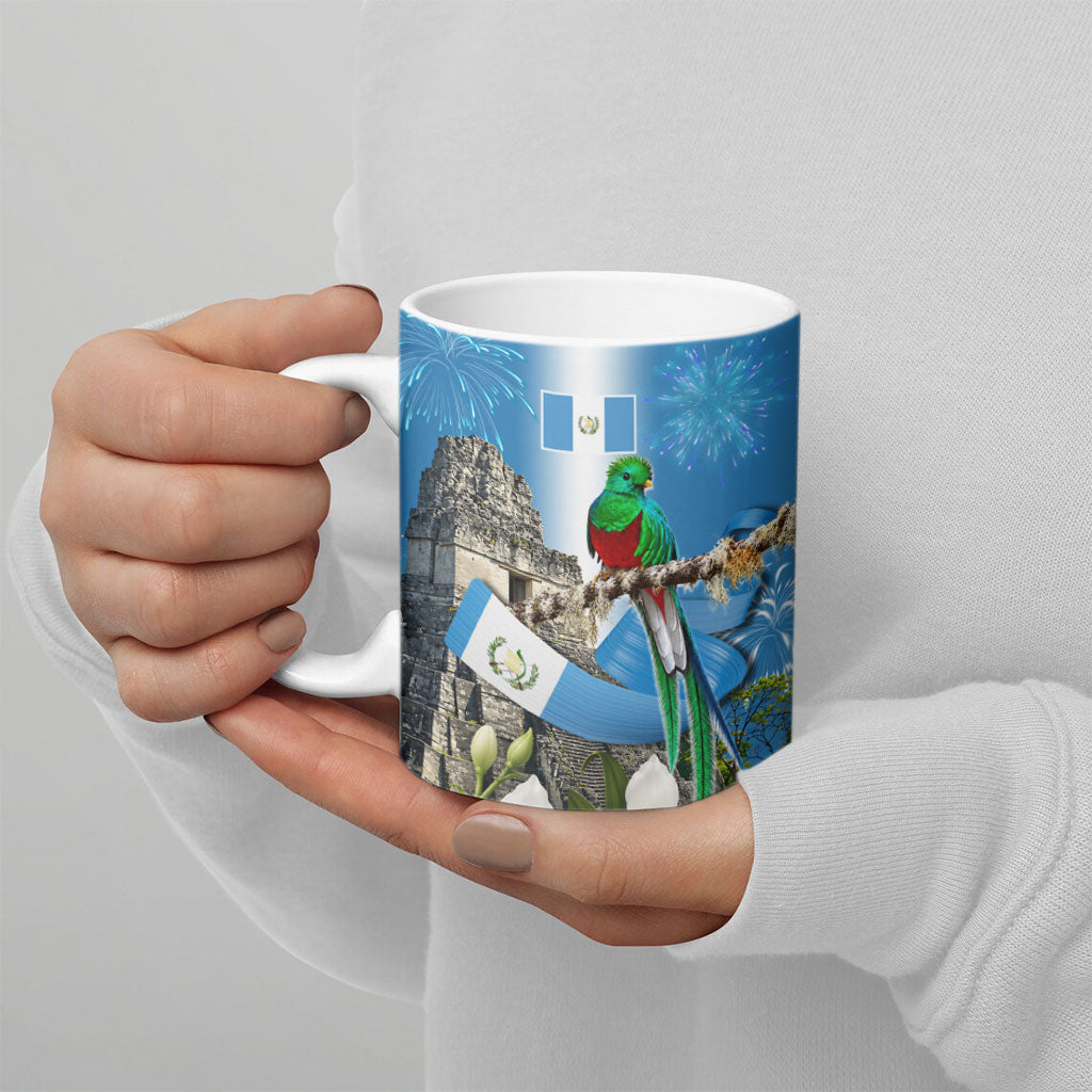 Guatemala Quetzal And Mayan Ruins Ceramic Mug Patriotic National Symbols White Orchid Flag