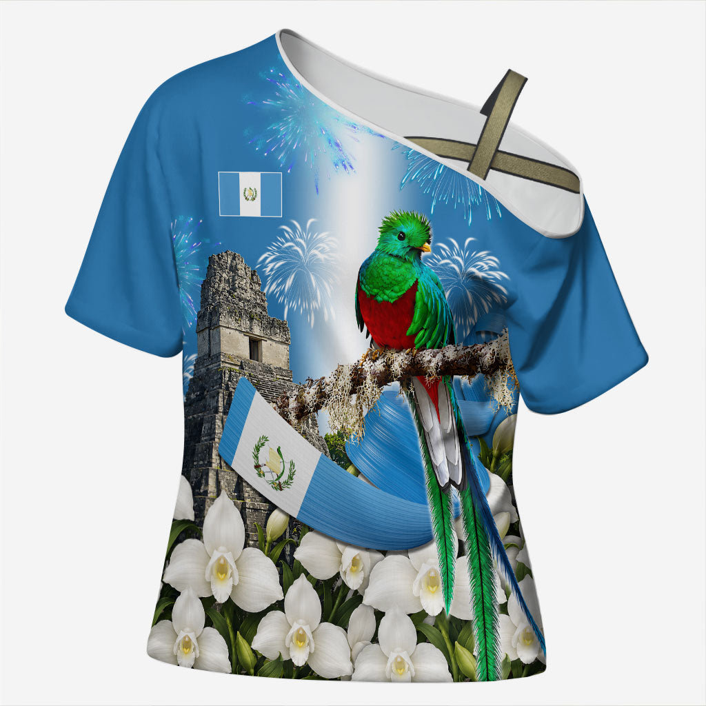 Guatemala Quetzal And Mayan Ruins Cross Shoulder Shirt Patriotic National Symbols White Orchid Flag