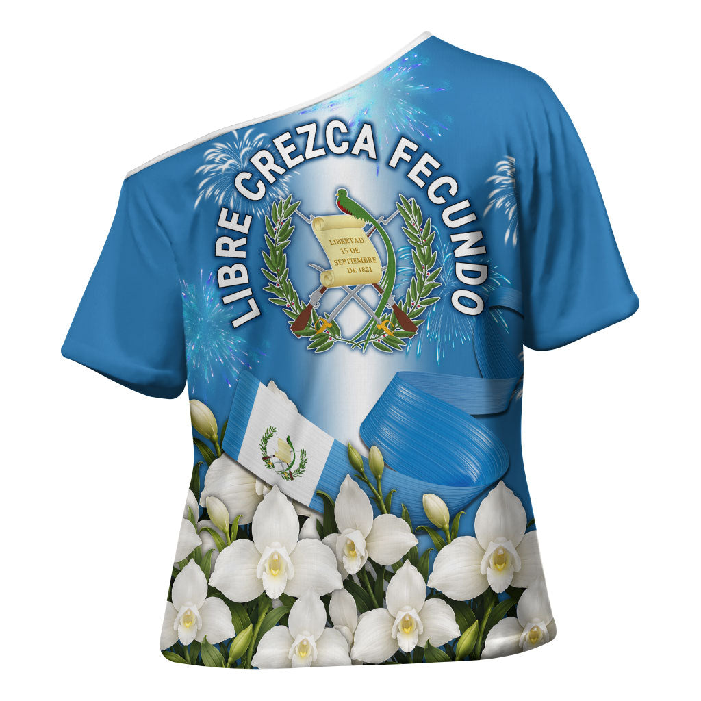 Guatemala Quetzal And Mayan Ruins Cross Shoulder Shirt Patriotic National Symbols White Orchid Flag