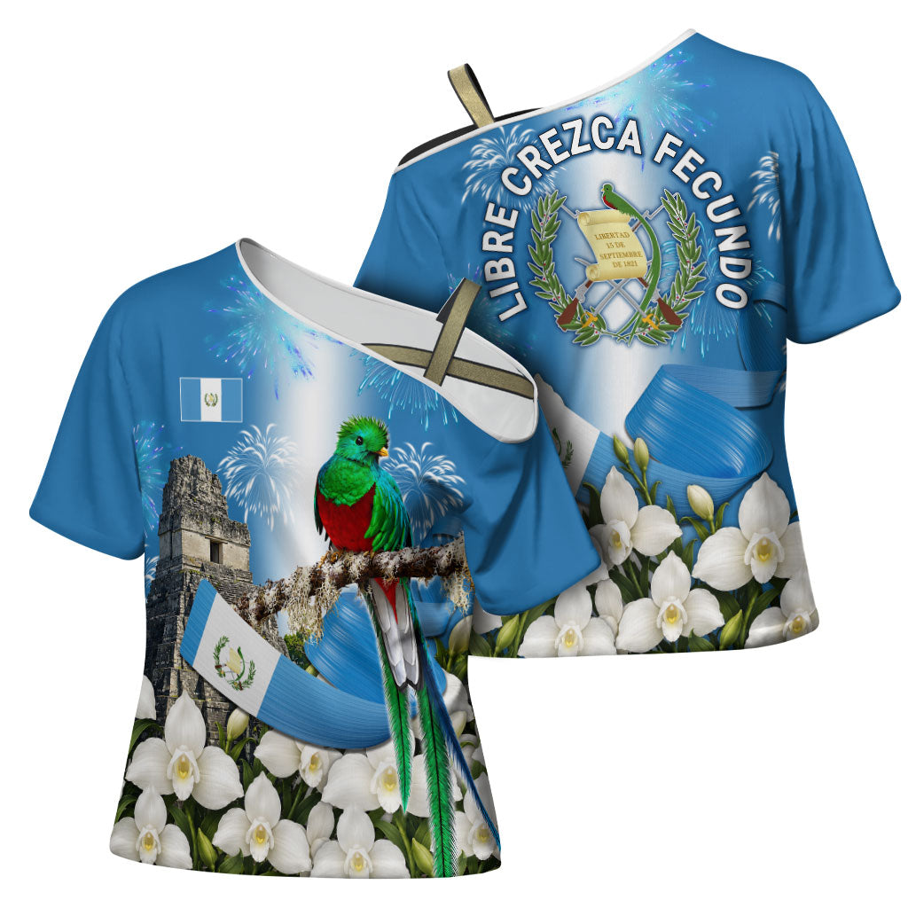 Guatemala Quetzal And Mayan Ruins Cross Shoulder Shirt Patriotic National Symbols White Orchid Flag