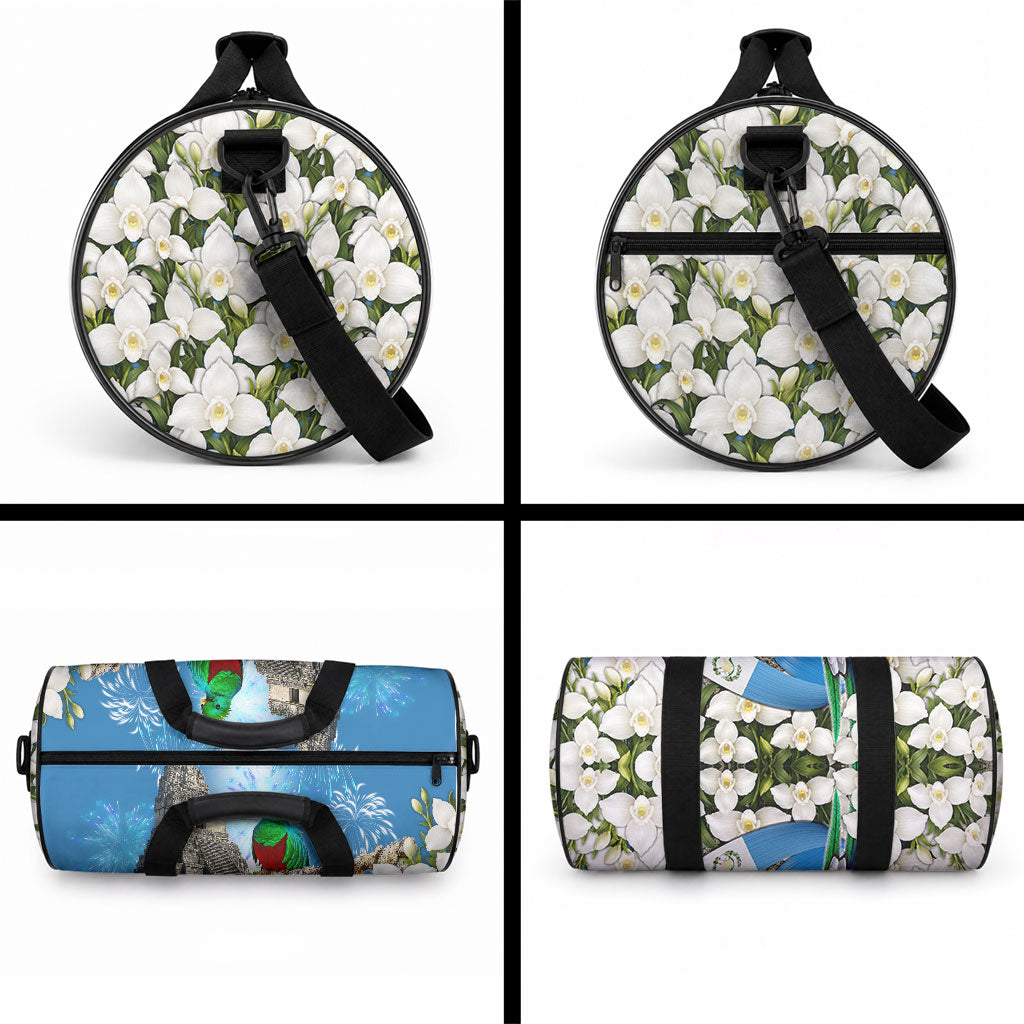 Guatemala Quetzal And Mayan Ruins Duffle Bag Patriotic National Symbols White Orchid Flag