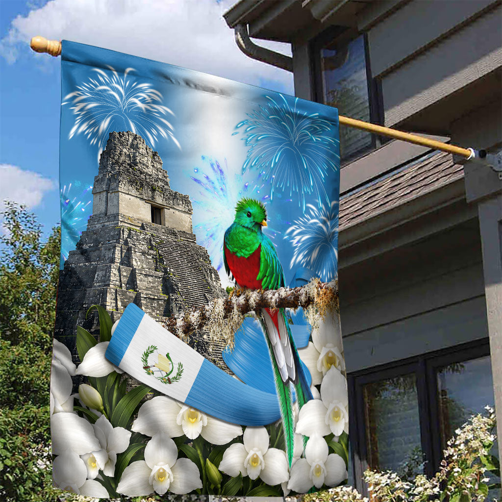 Guatemala Quetzal And Mayan Ruins Garden Flag Patriotic National Symbols White Orchid Flag