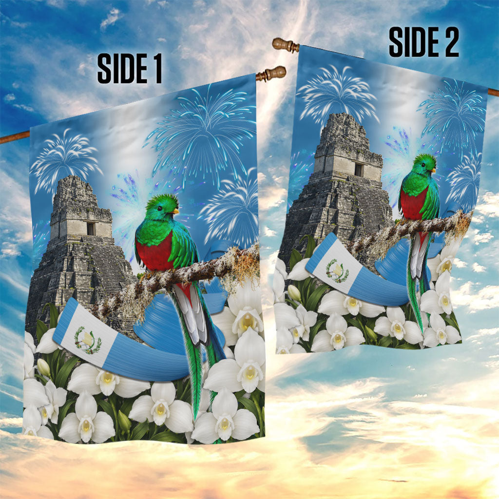 Guatemala Quetzal And Mayan Ruins Garden Flag Patriotic National Symbols White Orchid Flag
