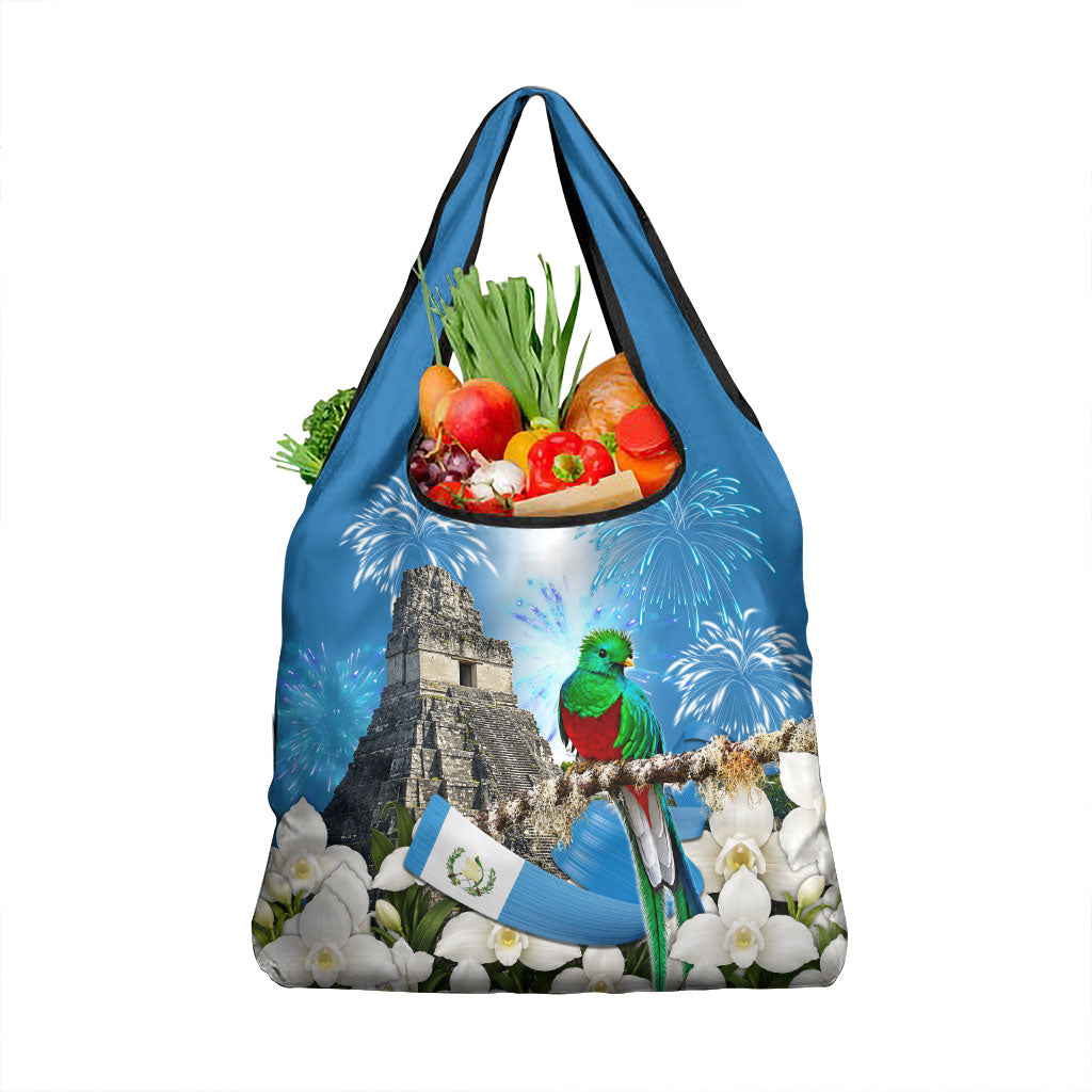 Guatemala Quetzal And Mayan Ruins Grocery Bag Patriotic National Symbols White Orchid Flag