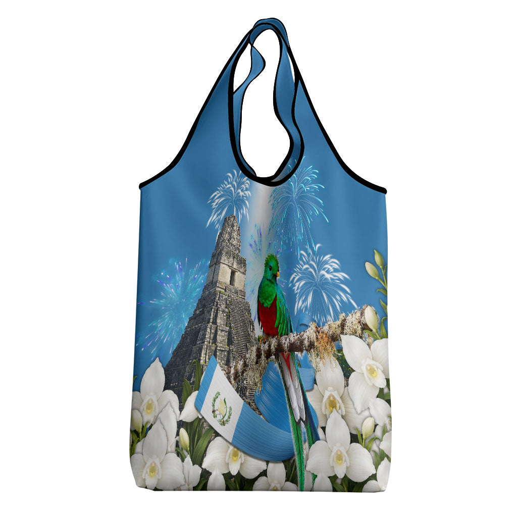 Guatemala Quetzal And Mayan Ruins Grocery Bag Patriotic National Symbols White Orchid Flag
