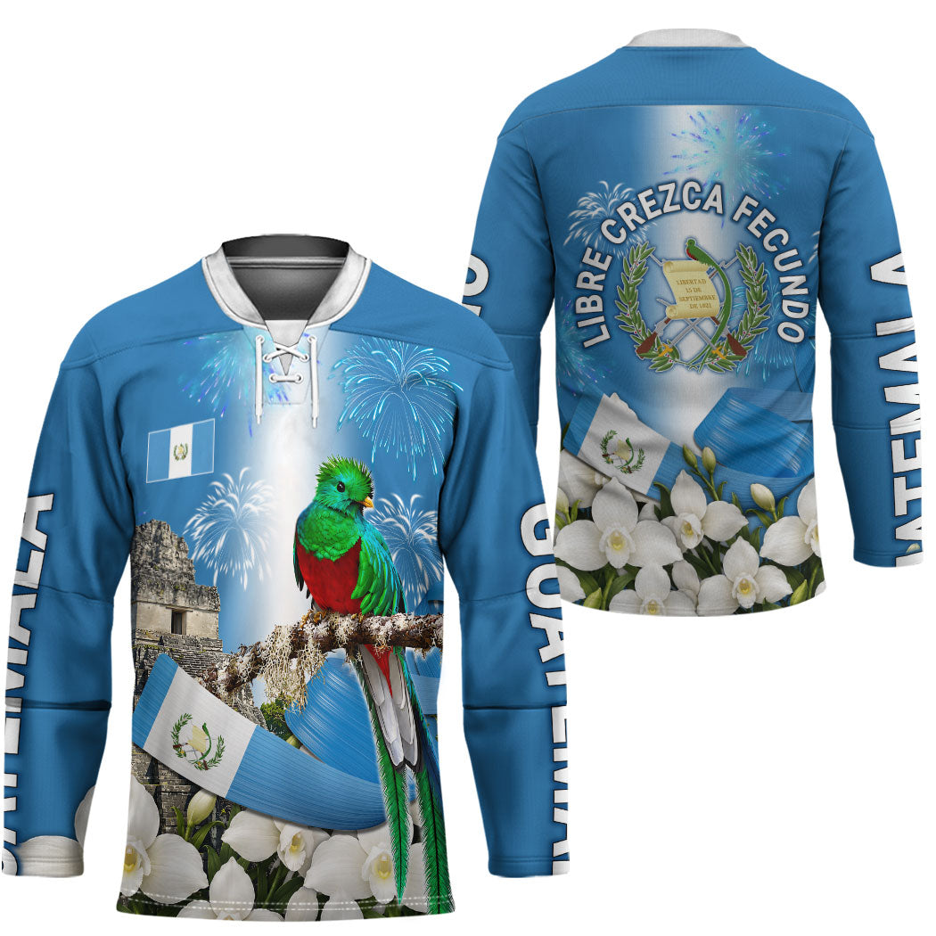Guatemala Quetzal And Mayan Ruins Hockey Jersey Patriotic National Symbols White Orchid Flag