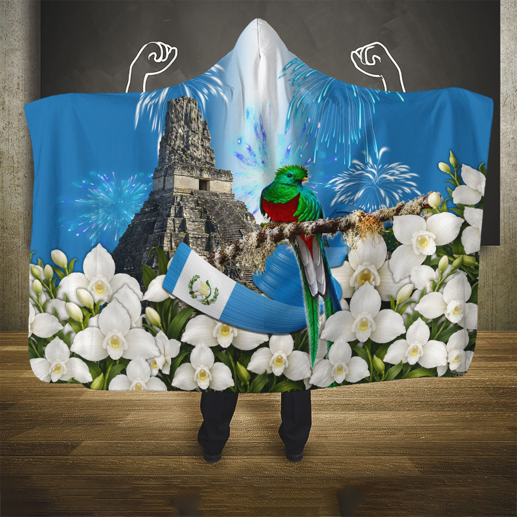 Guatemala Quetzal And Mayan Ruins Hooded Blanket Patriotic National Symbols White Orchid Flag