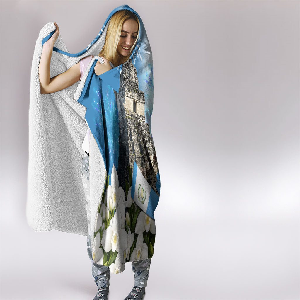 Guatemala Quetzal And Mayan Ruins Hooded Blanket Patriotic National Symbols White Orchid Flag