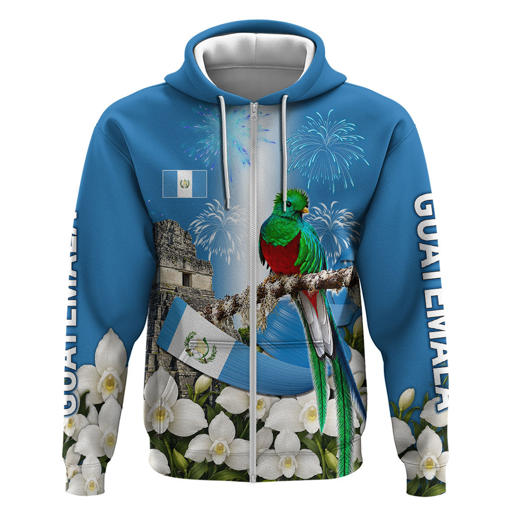 Guatemala Quetzal And Mayan Ruins Hoodie Patriotic National Symbols White Orchid Flag
