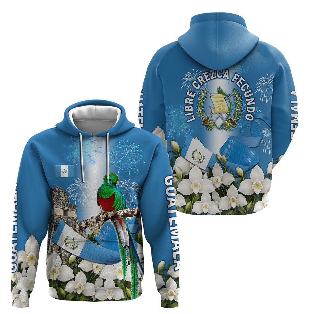 Guatemala Quetzal And Mayan Ruins Hoodie Patriotic National Symbols White Orchid Flag