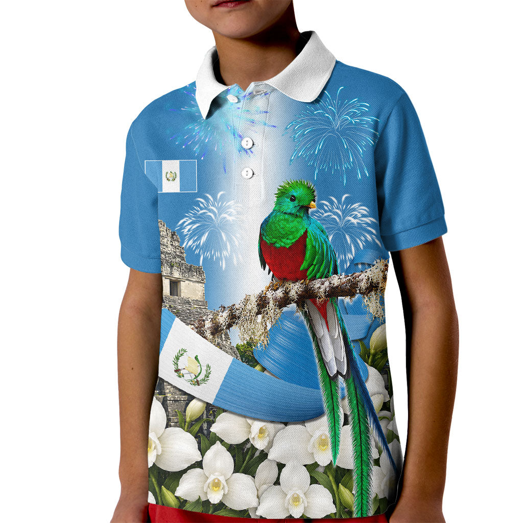 Guatemala Quetzal And Mayan Ruins Kid Polo Shirt Patriotic National Symbols White Orchid Flag