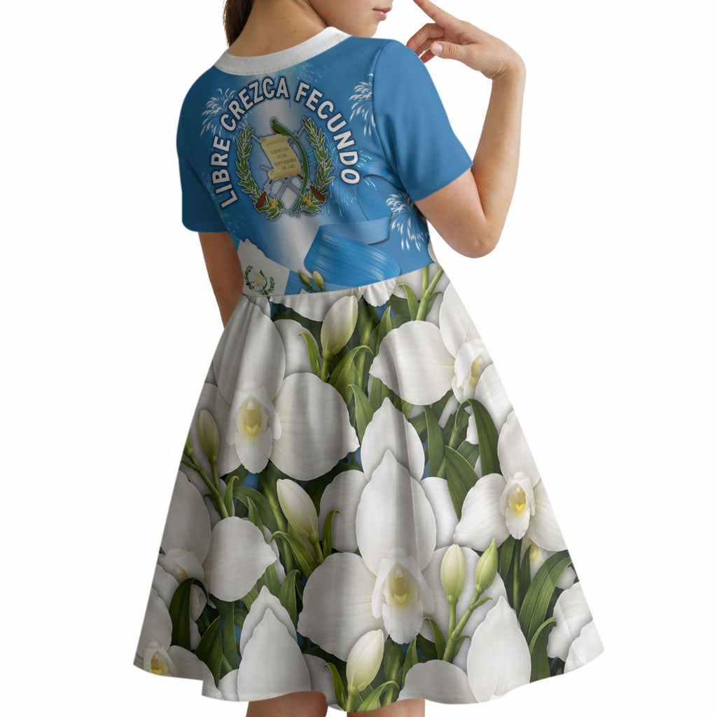 Guatemala Quetzal And Mayan Ruins Kid Short Sleeve Dress Patriotic National Symbols White Orchid Flag