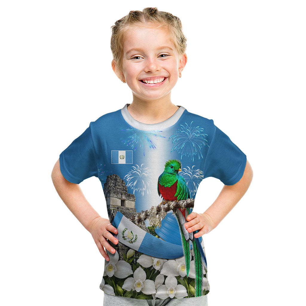 Guatemala Quetzal And Mayan Ruins Kid T Shirt Patriotic National Symbols White Orchid Flag