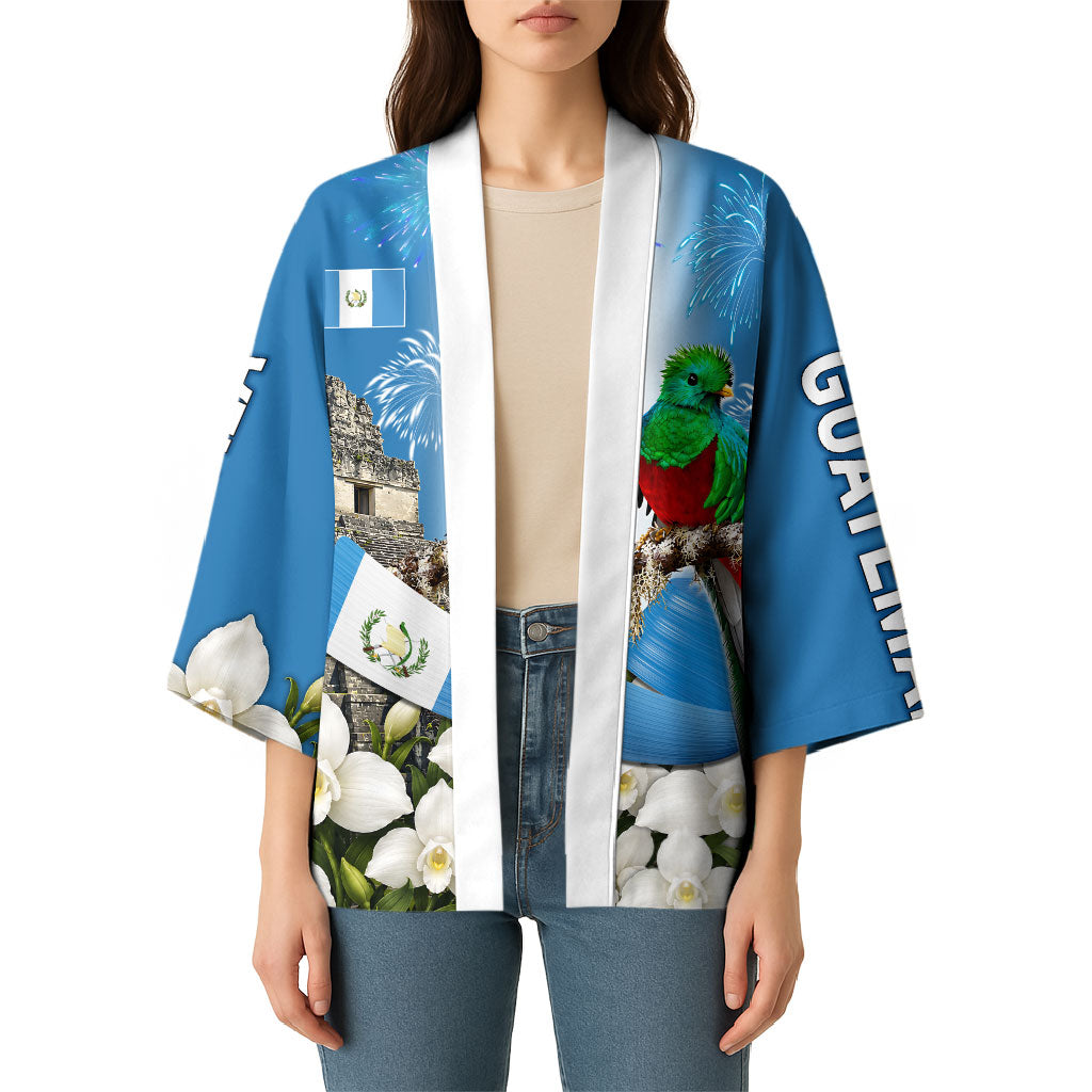 Guatemala Quetzal And Mayan Ruins Kimono Patriotic National Symbols White Orchid Flag