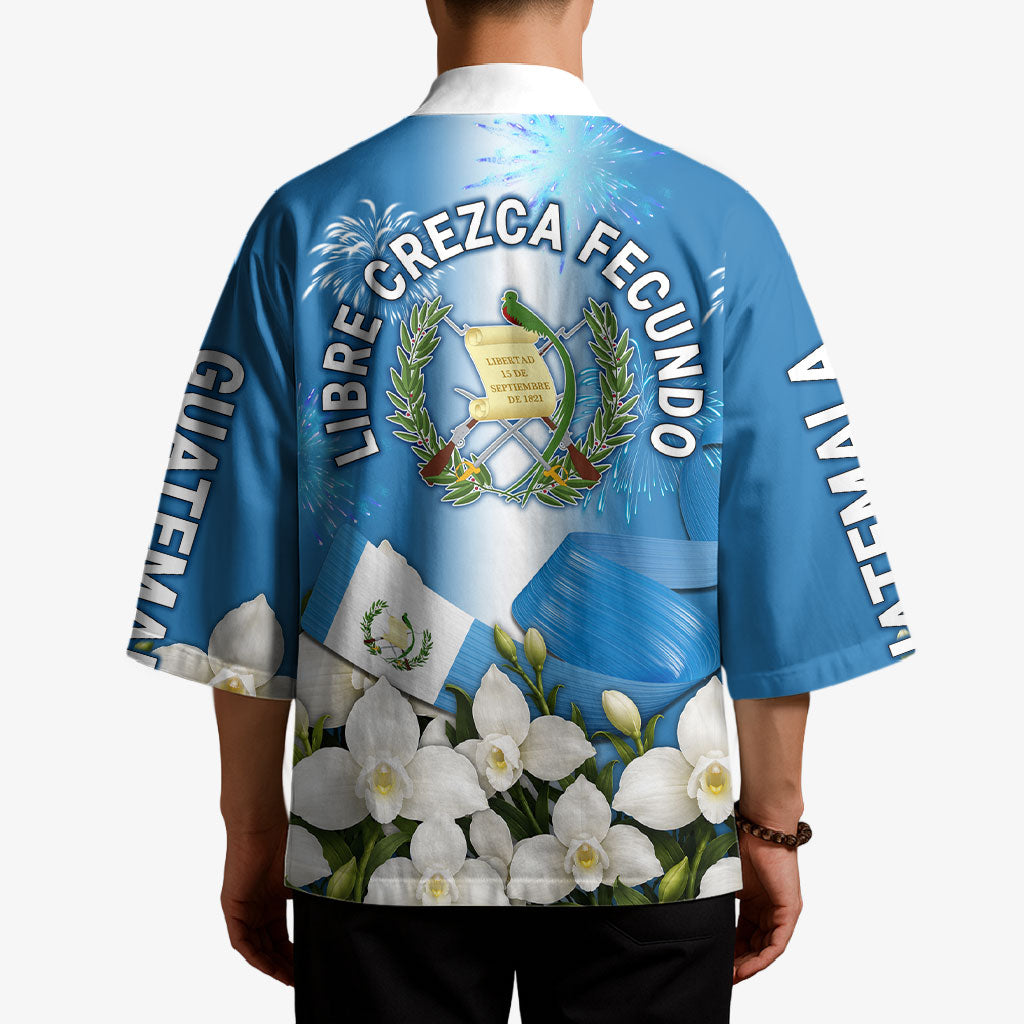 Guatemala Quetzal And Mayan Ruins Kimono Patriotic National Symbols White Orchid Flag