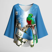 Guatemala Quetzal And Mayan Ruins Kimono Sleeve Blouse Patriotic National Symbols White Orchid Flag