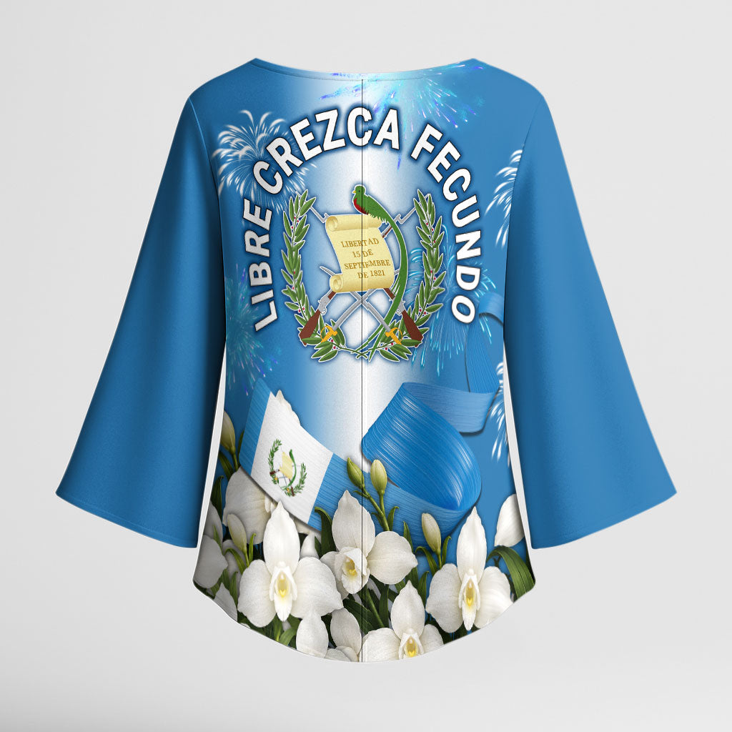 Guatemala Quetzal And Mayan Ruins Kimono Sleeve Blouse Patriotic National Symbols White Orchid Flag