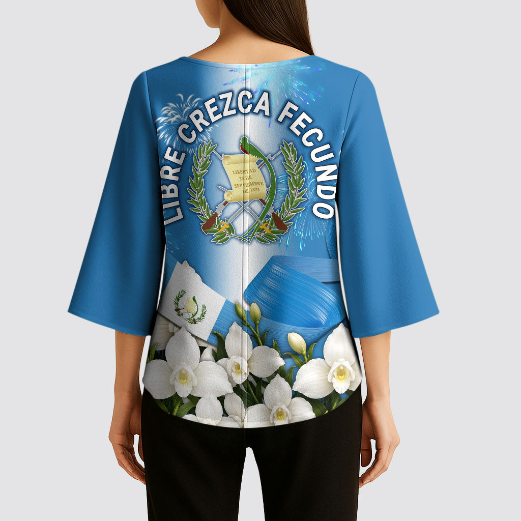 Guatemala Quetzal And Mayan Ruins Kimono Sleeve Blouse Patriotic National Symbols White Orchid Flag