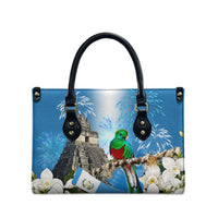 Guatemala Quetzal And Mayan Ruins Leather Bag Patriotic National Symbols White Orchid Flag