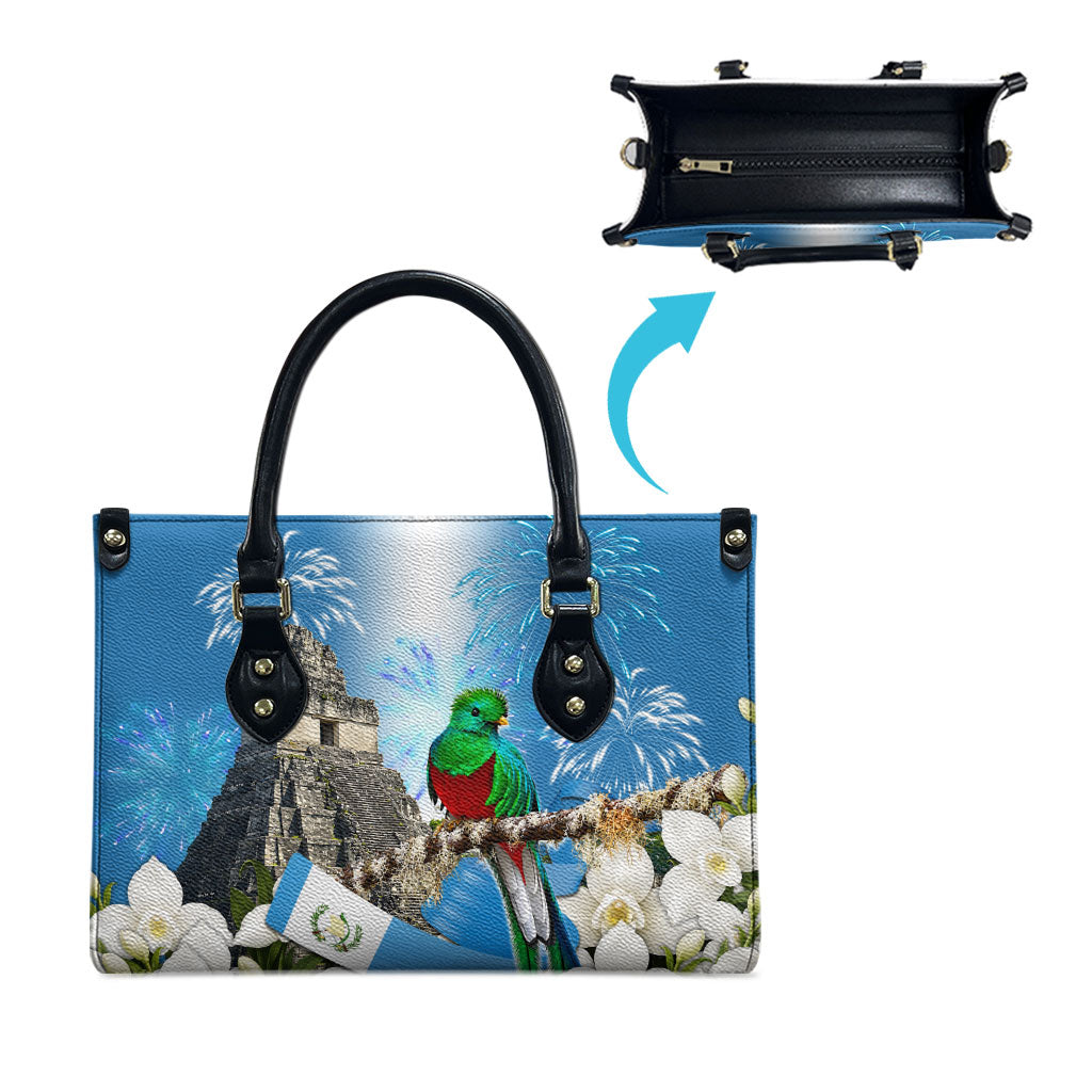 Guatemala Quetzal And Mayan Ruins Leather Bag Patriotic National Symbols White Orchid Flag
