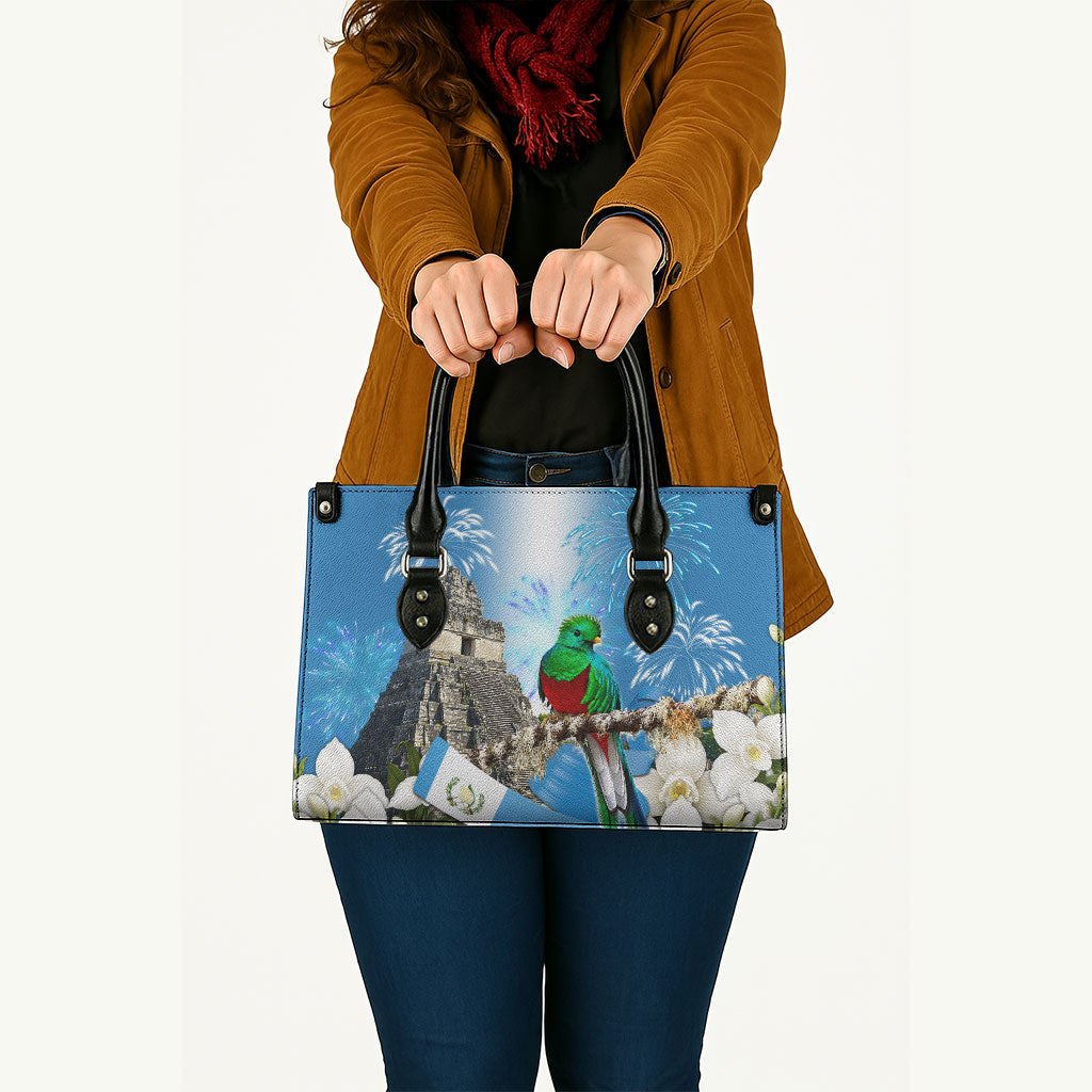 Guatemala Quetzal And Mayan Ruins Leather Bag Patriotic National Symbols White Orchid Flag