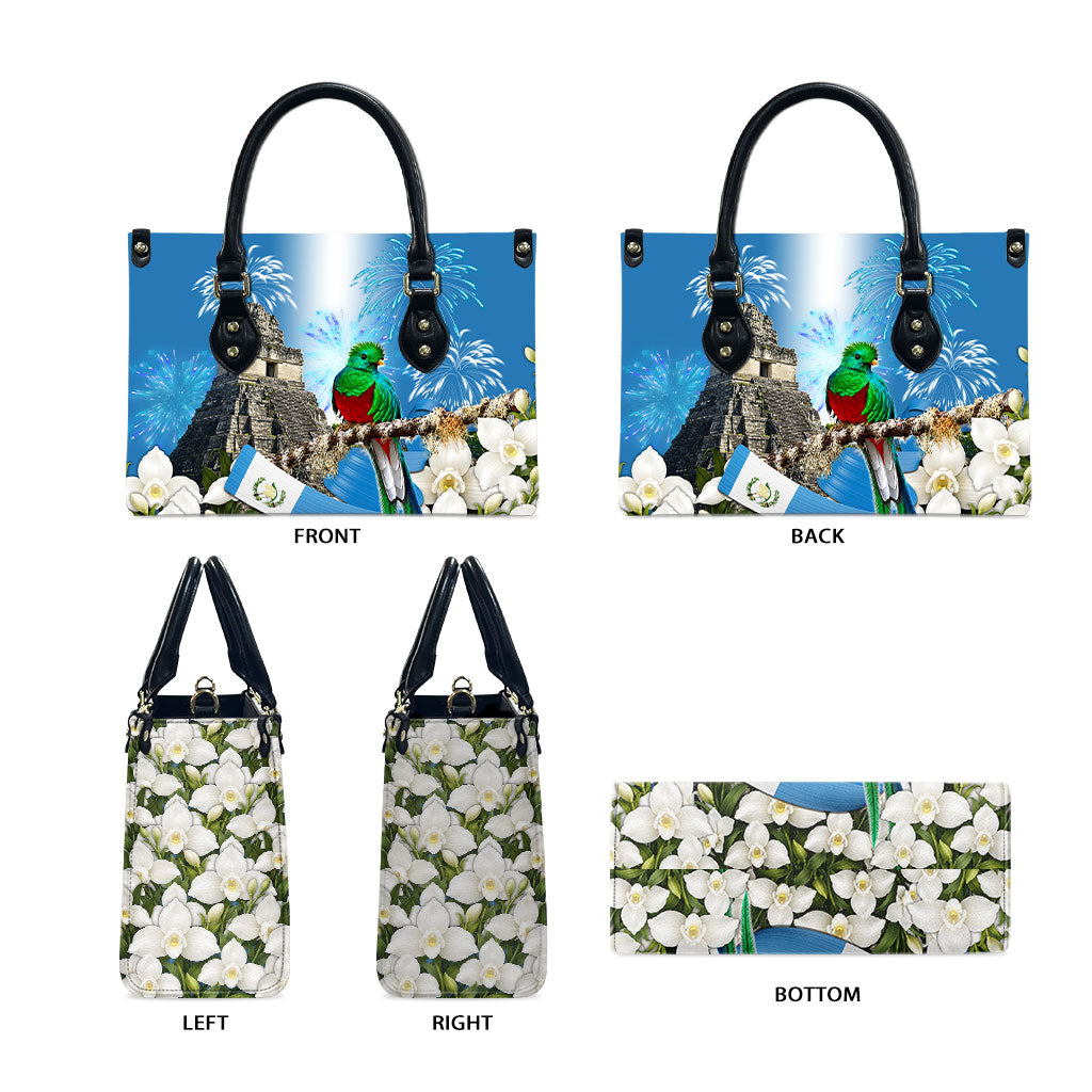Guatemala Quetzal And Mayan Ruins Leather Bag Patriotic National Symbols White Orchid Flag