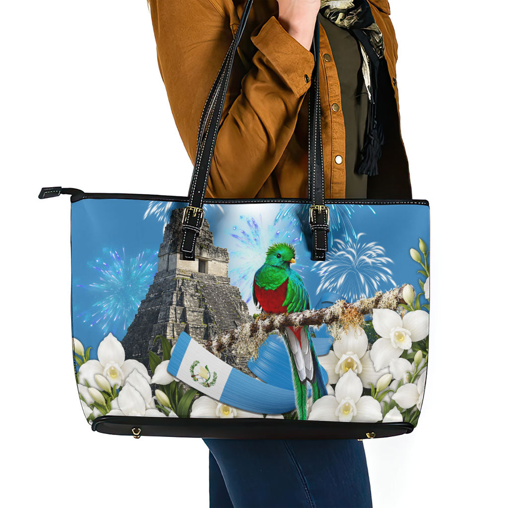 Guatemala Quetzal And Mayan Ruins Leather Tote Bag Patriotic National Symbols White Orchid Flag