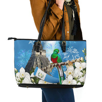 Guatemala Quetzal And Mayan Ruins Leather Tote Bag Patriotic National Symbols White Orchid Flag