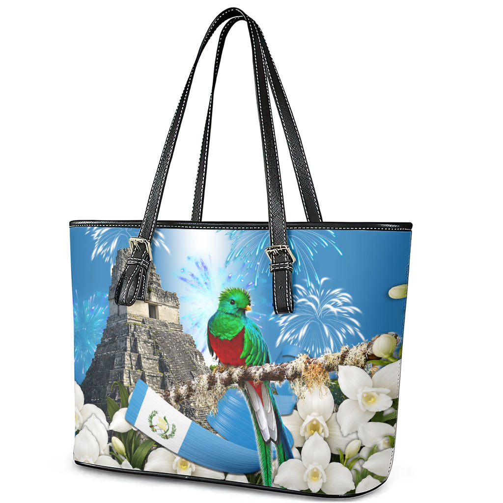 Guatemala Quetzal And Mayan Ruins Leather Tote Bag Patriotic National Symbols White Orchid Flag