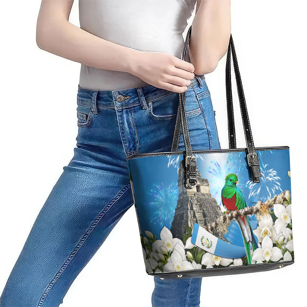 Guatemala Quetzal And Mayan Ruins Leather Tote Bag Patriotic National Symbols White Orchid Flag