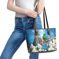 Guatemala Quetzal And Mayan Ruins Leather Tote Bag Patriotic National Symbols White Orchid Flag