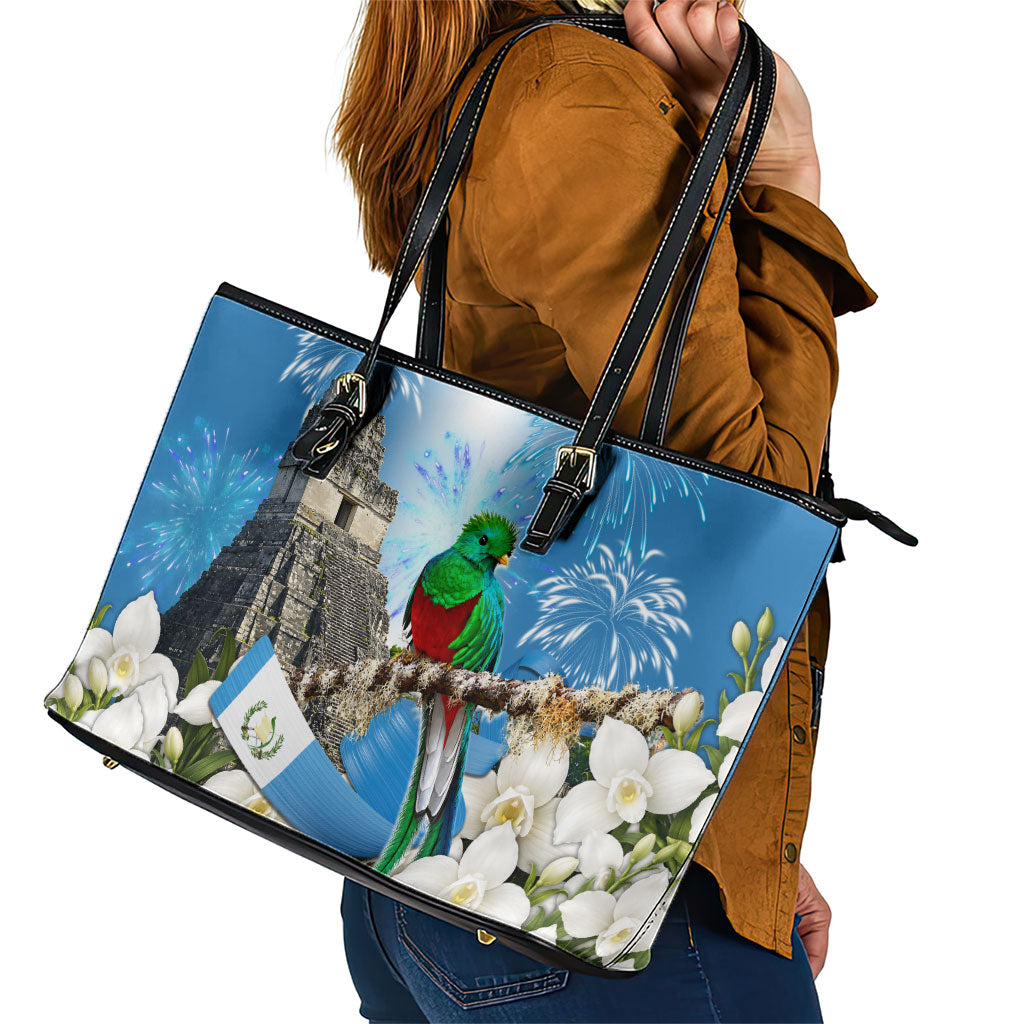 Guatemala Quetzal And Mayan Ruins Leather Tote Bag Patriotic National Symbols White Orchid Flag