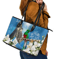 Guatemala Quetzal And Mayan Ruins Leather Tote Bag Patriotic National Symbols White Orchid Flag