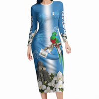 Guatemala Quetzal And Mayan Ruins Long Sleeve Bodycon Dress Patriotic National Symbols White Orchid Flag