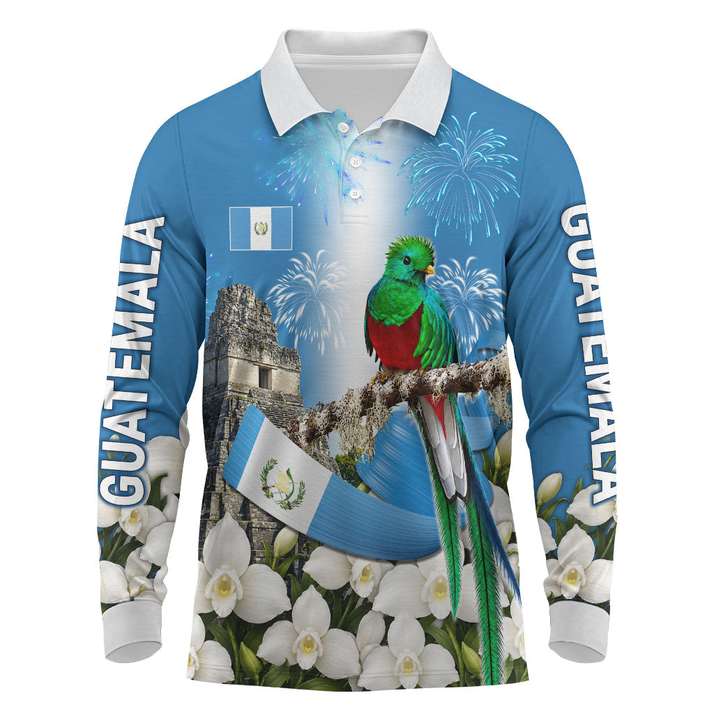 Guatemala Quetzal And Mayan Ruins Long Sleeve Polo Shirt Patriotic National Symbols White Orchid Flag