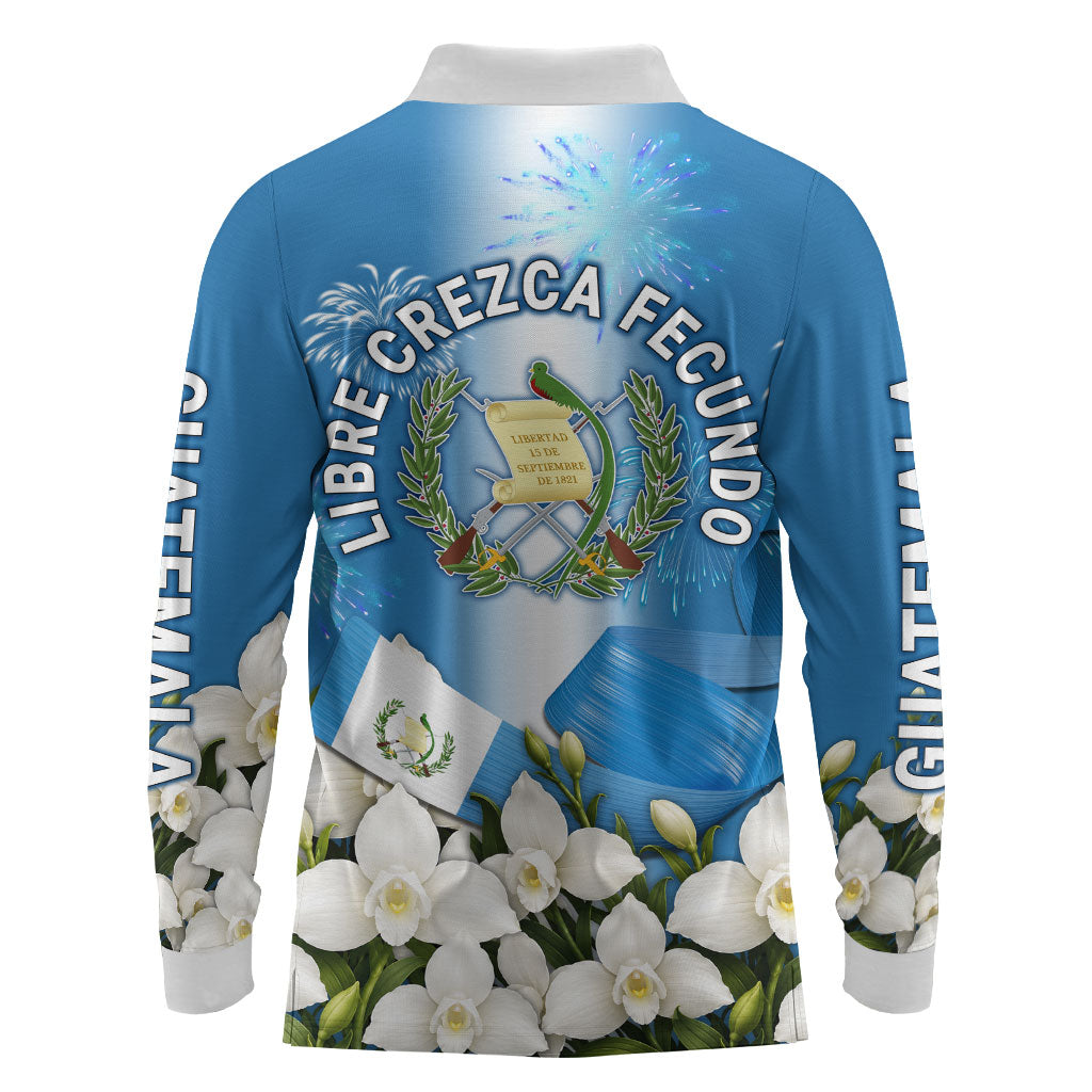Guatemala Quetzal And Mayan Ruins Long Sleeve Polo Shirt Patriotic National Symbols White Orchid Flag