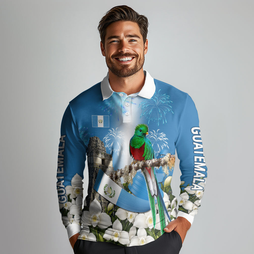 Guatemala Quetzal And Mayan Ruins Long Sleeve Polo Shirt Patriotic National Symbols White Orchid Flag