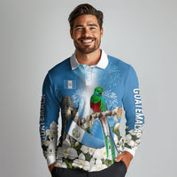 Guatemala Quetzal And Mayan Ruins Long Sleeve Polo Shirt Patriotic National Symbols White Orchid Flag