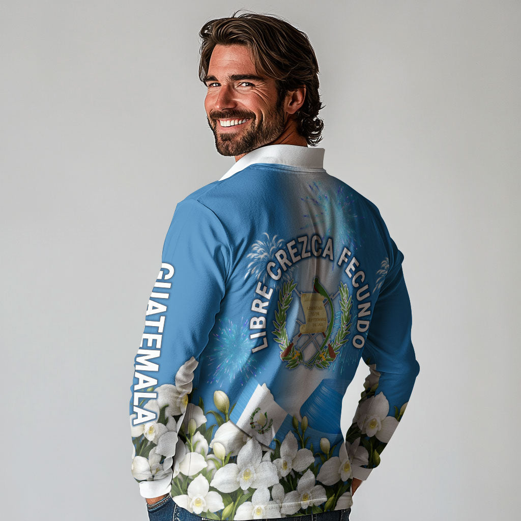 Guatemala Quetzal And Mayan Ruins Long Sleeve Polo Shirt Patriotic National Symbols White Orchid Flag