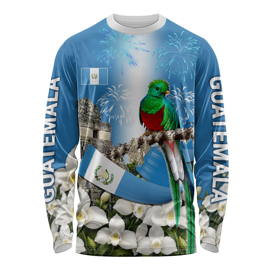 Guatemala Quetzal And Mayan Ruins Long Sleeve Shirt Patriotic National Symbols White Orchid Flag