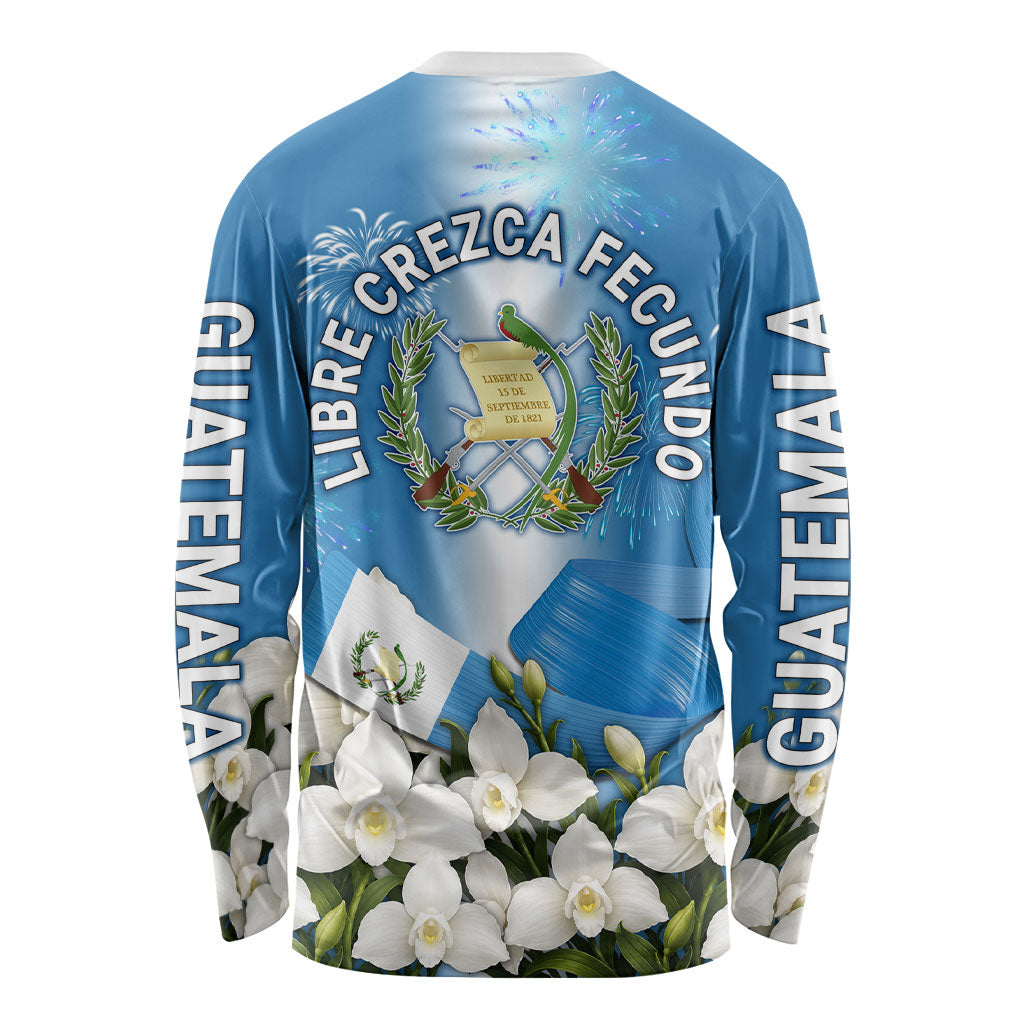 Guatemala Quetzal And Mayan Ruins Long Sleeve Shirt Patriotic National Symbols White Orchid Flag